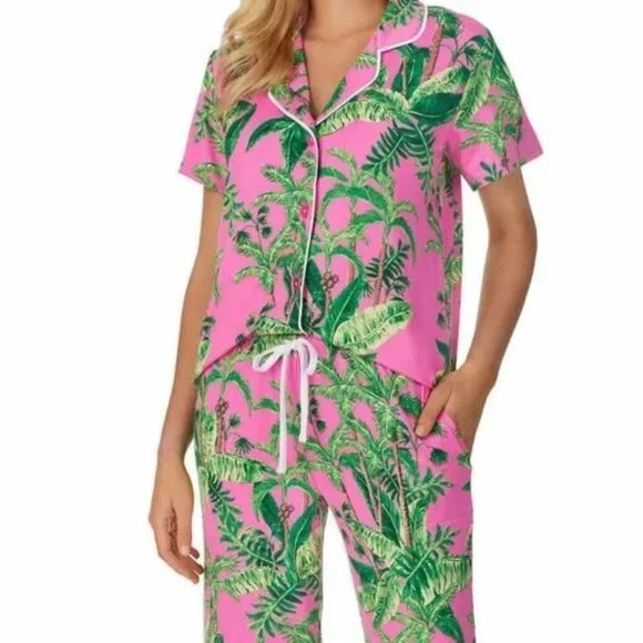 Room Service Pink & Green Palm Tree Print Pajama Set Size XXL - Picture 2 of 12